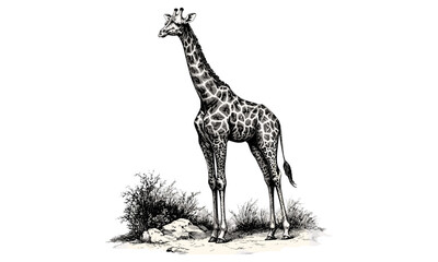 Detailed Giraffe in Savanna, Black Sketch Effect, Vintage Safari Art, Rustic Wildlife Design, Old Engraving Style, African Animal Illustration, Nature Print, Trendy Wildlife Decor, Rustic Wall Art