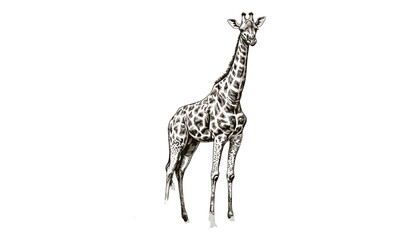 Naklejka premium Hand-drawn Giraffe Engraving, Rustic Safari Design, African Animal Illustration, Vintage Wildlife Art, Black Sketch Effect, Old Engraving Style, Savanna Nature Print, Trendy Wildlife Decor