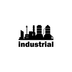 Industrial Factory Logo Icon. Modern Black Silhouette Design for Manufacturing, Engineering, and Energy Business. Vector Symbol of Industry, Machine, Gear, Smoke, Chemical, and Construction Concept