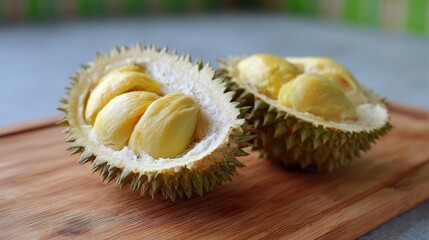 Fototapeta premium Durian Fruit Cut Open with Yellow Interior