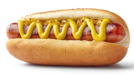 A delicious hot dog in a soft bun, topped with bright yellow mustard and relish.