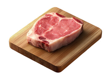 A single raw ribeye steak resting on a square wooden cutting board against a black background studio shot on transparent background