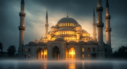 Obraz premium Mosque with Minaret under Rain