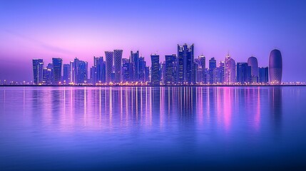 Obraz premium City skyline at dawn, reflected in calm water. Vibrant purple hues dominate the scene