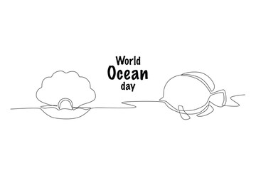 Shellfish and fish. World ocean day concept one-line drawing