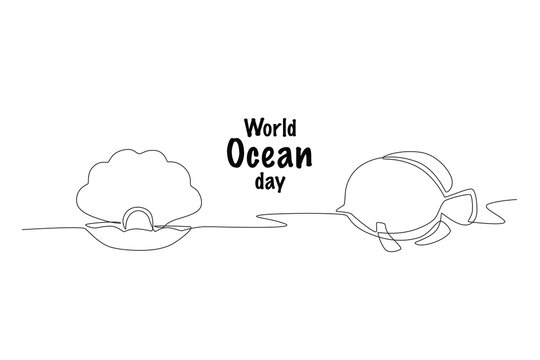 Shellfish and fish. World ocean day concept one-line drawing