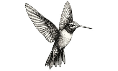 Detailed Hummingbird in Flight, Hand-drawn Engraving, Rustic Bird Design, Vintage Animal Art, Black Sketch Effect, Wildlife Decor, Old Engraving Style, Trendy Wall Art, Rustic Wall Print