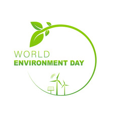 World Environment Day eco-friendly logo design concept. Green circle with leaf icon, wind turbines, and solar panel symbolizing renewable energy, sustainability, and environmental awareness