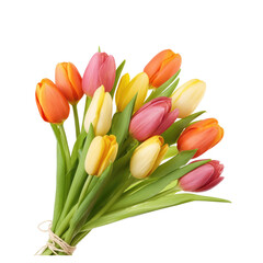 Naklejka premium A vibrant bouquet of tulips in assorted colors including orange pink yellow and white tied with twine string on transparent background