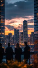 City skyline sunset view from rooftop, silhouettes of people admiring the urban landscape