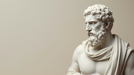 Obraz premium Marble sculpture of ancient Greek philosopher and sage, bust of ancient thinker on gray background with space for text.