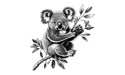Hand-drawn Vintage Engraving Koala, Rustic Wildlife Art, Australian Animal Sketch, Black and White Nature Drawing, Old Engraving Style, Cute Wildlife Print, Trendy Eucalyptus Illustration