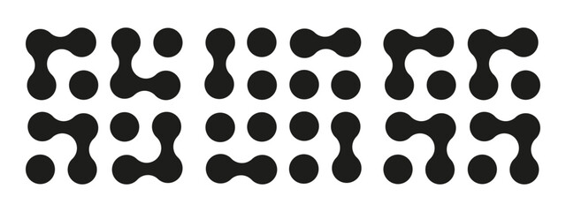Fototapeta premium Set of Metaball icons. Connected dots sign. Integration symbols. Circles abstract patterns. Point movement. Connected blobs. Metaballs transition.