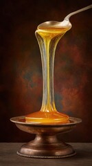 Honey dripping from antique silver spoon onto vintage pedestal dish studio shot brown background golden light