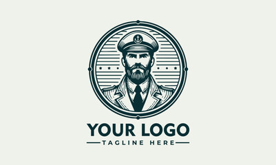 Obraz premium Bearded male ship captain illustrated in vintage emblem portrait with maritime uniform. Transportation concept 