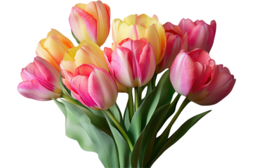 A vibrant bouquet of pink and yellow tulips with green stems against a black background creating contrast on transparent background