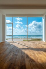 Fototapeta premium Modern Beach House Interior with Ocean View and Hardwood Floors in Natural Light from Large Windows