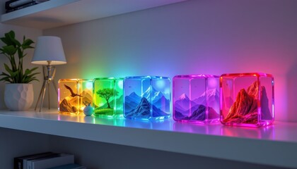 a futuristic home workspace with transparent memory cubes neatly aligned on a shelf each radiating unique color waves to symbolize personal experiences