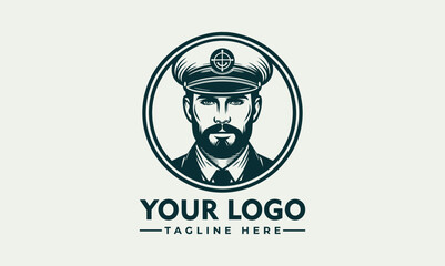 Bearded male ship captain illustrated in vintage emblem portrait with maritime uniform. Transportation concept
