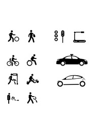 Naklejka premium Urban Mobility Icons: A set of minimalistic black and white icons representing various modes of urban transport, perfect for modern design applications, signaling simplicity.