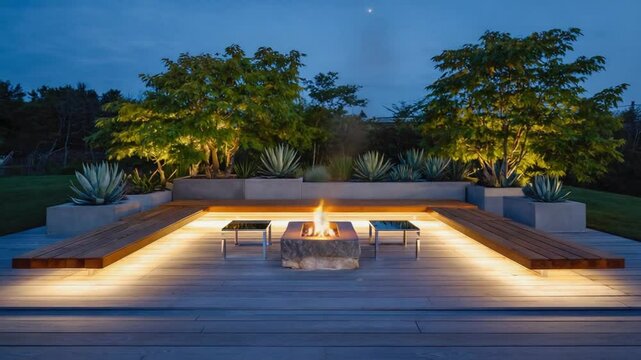 Modern outdoor lounge with a fire pit at night. Ideal for architecture themes, relaxation visuals, and contemporary design. Tranquil, stylish.