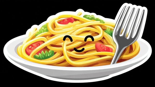 Cheerful animated plate of spaghetti featuring smiling face, garnished with cherry tomatoes and fresh basil resting beside a fork in a lively and playful culinary setting
