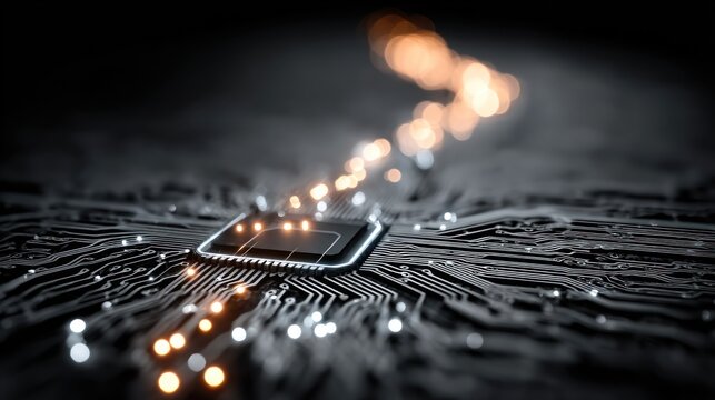Microchip with glowing light trails on a circuit board dark background.