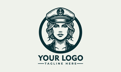 Bearded female ship captain illustrated in vintage emblem portrait with maritime uniform. Transportation concept
