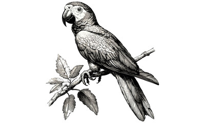 Exotic Bird Illustration, Detailed Parrot on Branch, Vintage Wildlife Art, Rustic Jungle Design, Black Sketch Effect, Old Engraving Style, Hand-drawn Engraving, Tropical Animal Print, Trendy