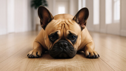 Guilty French Bulldog on Scratched Hardwood Floor After Separation Anxiety Episode