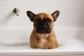 Wet French Bulldog in Bathtub with Foam Looking Sad at Camera