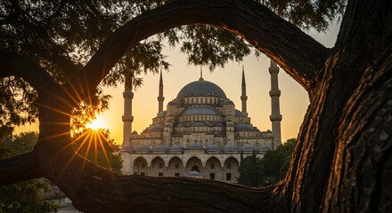 Mosque at sunset framed by a tree