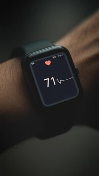 A smart watch displays a heart rate of 73 BPM on a minimalist screen, highlighting wearable health tech's role in real-time fitness tracking and monitoring
