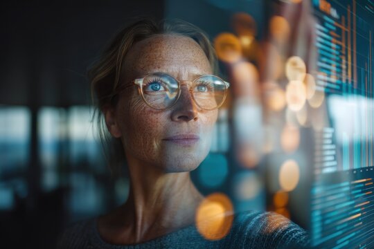 Woman Analyzing Data on Glass Screen, Representing Business Intelligence and Technological Advancement in the Digital Workplace of the Future : Generative AI