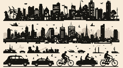 Obraz premium Cityscape Silhouette and Transport: A detailed depiction of a cityscape silhouette featuring a range of iconic buildings, with transport elements. Showcasing urban life.