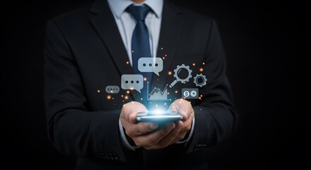 A Man Holding a Smartphone, Displaying Digital Communication and Business Analytics  Modern Business Technology and Data Analysis