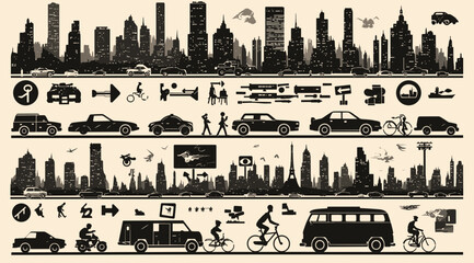 Obraz premium Urban Cityscape Silhouette: A detailed monochrome illustration depicts the bustling cityscape silhouette, capturing the energy of urban life with architectural design.
