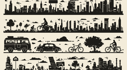 Obraz premium Urban Landscape Silhouette: An intricate silhouette of the city is captured through the artistry of design, featuring detailed cityscapes, transport, bicycle and a touch of the beauty of nature. 