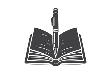 Open book with pen black vector on white background. 