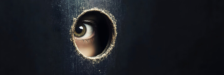 Eye Peering Through Circular Opening in Black Wall – Mystery and Observation Concept- wide banner 