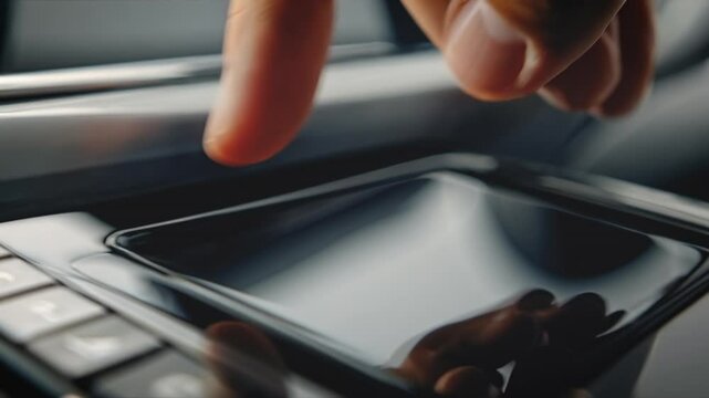 A human finger interacts with a glossy, futuristic touchscreen embedded in a sleek interface, capturing a moment of intuitive tech navigation in action