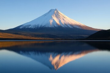 Fototapeta premium Snow-capped mountain reflects perfectly in the still, blue lake water. Ideal for travel brochures, nature blogs, or stunning desktop wallpaper.