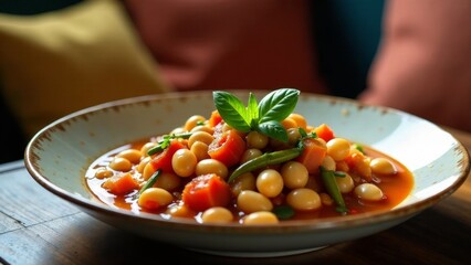 Aromatic bean and vegetable stew, simmered to perfection in a rich tomato broth, garnished with fresh herbs, served in a rustic bowl on a wooden surface