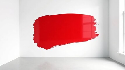 A bold crimson brushstroke adorns a minimalist white interior room, creating a vibrant focal point against the clean, unblemished walls and floor.