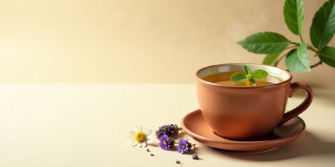 Aromatic Herbal Tea in Earthenware Cup with Delicate Floral Garnish