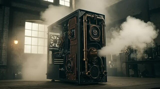 Steampunk computer case with steam.