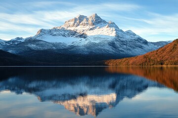 Fototapeta premium Snow-capped mountain reflects on a pristine lake with clear blue skies. Great for travel blogs, nature websites, and inspirational backgrounds.