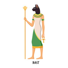 Depiction of Egyptian goddess Bastet with cat head, in traditional outfit, on white background. Concept of ancient Egypt and mythology. Vector illustration