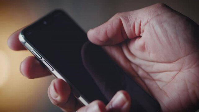 A person holding a smartphone with the screen off, thumb hovering over the side button, capturing a moment of digital anticipation in soft lighting