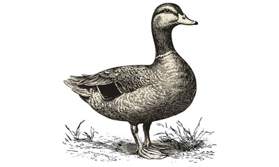 Duck Standing on Ground, Hand-drawn Black Sketch, Vintage Farm Animal Drawing, Old Engraving Style, Rustic Wildlife Art, Antique Wall Decor, Rustic Farmhouse Decor, Trendy Animal Prints